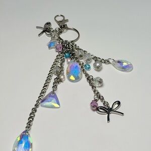 Crystal Pendant Bow Charm Keychain Silver Iridescent Purple Metal Acrylic